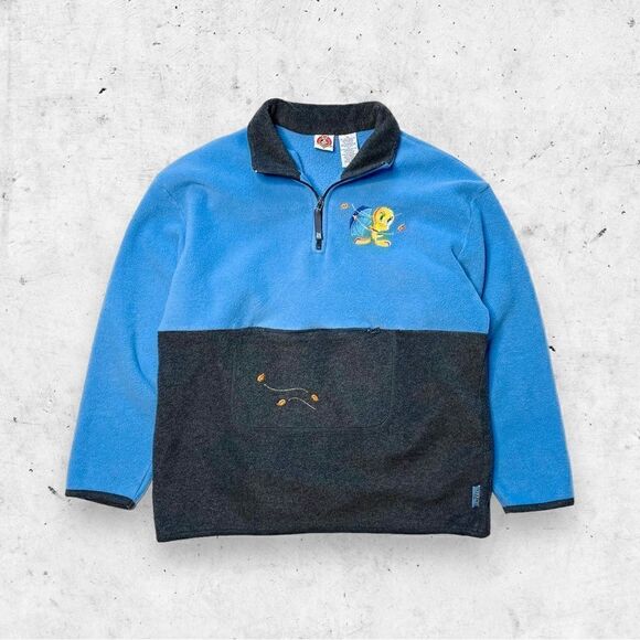 Vtg 90s Y2K Looney Tunes Tweety Bird 1/4 Zip Fleece Sweatshirt Jacket, 2001, M - Picture 1 of 8